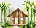 Watercolor of A bamboo house with white wooden bamboo background