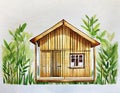 Watercolor of A bamboo house with white wooden bamboo background
