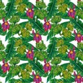 Watercolor Banana leaf botanical and banan bundle and banana blossom elements isolated seamless repeat pattern