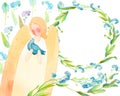 Watercolor banner with angel, blue bird, dove, frame of blue little flowers and floral background