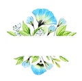 Watercolor banner with blue flowers. Card template with transparent anemones and fresh green leaves. Place for text Royalty Free Stock Photo