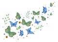 Watercolor banner blue and green butterflies with patterns fly on a white background Royalty Free Stock Photo