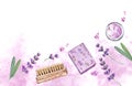 Watercolor banner with body care accessories. Lavender scented soap, cream, brush. Spa and cosmetic products isolated