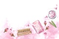 Watercolor banner with body care accessories. Rose scented soap, cream, brush. Spa and cosmetic products isolated with