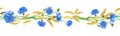 Watercolor banner with cornflowers,ears of ripe wheat. Beautiful bright border with bouquet of blue flowers.