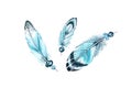 Watercolor banner with flying feathers. Realistic illustration set. Vibrant turquoise wings and jewel stones. Boho style