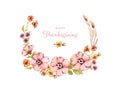 Watercolor banner Happy Thanksgiving. Floral round wreath with rose hip, briar, field flowers. Hand painted isolated