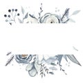 Watercolor banner with winter christmas plants, branches, spruce, berries, leaves, flowers in blue