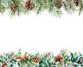 Watercolor banner with winter floral garland. Hand painted eucalyptus and fir branches, berries and leaves, pine cones