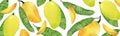 Watercolor banner with yellow mango fruit and leaves