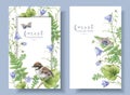 Watercolor banners with forest plants and bird Royalty Free Stock Photo