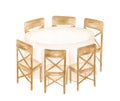 Watercolor banquet table with wood chairs isolated on white background. Hand drawn empty round table with pink draped