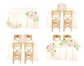 Watercolor banquet tables decorated with flower arrangements set. Hand drawn draped tables, wood chairs isolated on Royalty Free Stock Photo