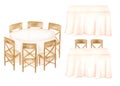 Watercolor banquet tables illustration set. Hand drawn round, rectangle tables with pastel draped tablecloth and wood Royalty Free Stock Photo