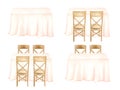 Watercolor banquet tables illustration set. Hand drawn tables with pastel draped cloth and wood chairs isolated on white Royalty Free Stock Photo