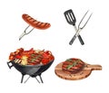 Watercolor barbecue elements set. Collection for cooking bbq - grill, vegetable on brazier, sausage on a fork, meat on Royalty Free Stock Photo