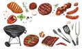 Watercolor barbecue elements set. Collection of equipment for cooking bbq - grill, brazier, sausages, fish, vegetable Royalty Free Stock Photo