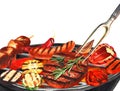 Watercolor barbecue meat, bbq steak beef, vegetable slices, black barbecue and fork grill. Hand-drawn illustration