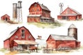 Watercolor barns clipart, farm style, red barn house, horse, tractor, windmill, wood gate illustrations, wedding invitation diy. G Royalty Free Stock Photo