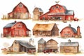 Watercolor barns clipart, farm style, red barn house, horse, tractor, windmill, wood gate illustrations, wedding invitation diy. G Royalty Free Stock Photo