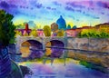 Watercolor of the Basilica Sant Pietro, Tiber river and Ponte Vittorio Emanuele, Vatican, Rome, Italy Royalty Free Stock Photo