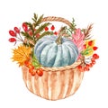 Watercolor autumn plants and leaves in basket. Colorful orange, yellow and red forest tree leaf with red berries