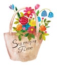 Watercolor basket of flowers. Bouquet of summer field flowers