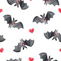 Watercolor bats and red hearts seamless pattern on white background Royalty Free Stock Photo