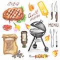 Watercolor bbq grill party set. Royalty Free Stock Photo