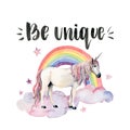 Watercolor Be unique card with unicorn. Hand painted unicorn, rainbow, stars, lettering and clouds isolated on white Royalty Free Stock Photo