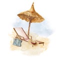 Watercolor beach composition of deckchair, umbrella, straw hat and bag. Hand drawn summer vacation objects isolated on