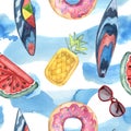 Watercolor beach pattern. Hand painted pool floats, water, sungl Royalty Free Stock Photo