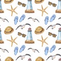 Watercolor beach seamless pattern with symbols of summer vacations on white background. Hand painted lighthouse, flip flops