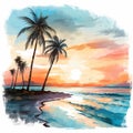 Watercolor Beach At Sunrise: Hand Drawn Cartoon Style Painting Royalty Free Stock Photo