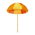 Watercolor beach umbrella. Hand drawn striped yellow and orange parasol isolated on white background. Summer sunshade