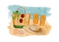 Watercolor beach vacation illustration. Hand drawn beach bag with flip flops, straw hat, sea shell and sunglasses on