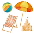 Watercolor beach vacation set. Hand drawn beach umbrella, deckchair, sand castle and beach ball isolated on white Royalty Free Stock Photo