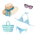 Watercolor beach woman clothes and blue accessories set isolated on white background Royalty Free Stock Photo