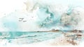 Watercolor Beachside with Pier and Flying Seagulls