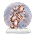 Watercolor teddy bear angel with pink hearts, cupcakes and a flower basket