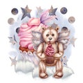 Watercolor teddy bear angel with pink hearts, cupcakes and a flower basket