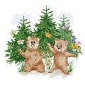 Watercolor bear. Illustration for children. Bear in the forest with flowers and butterflies. Hand drawing.