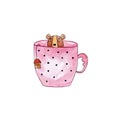 Watercolor bear illustration. Bear in a pink cap, bear with a tag of tea. Royalty Free Stock Photo