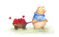 Watercolor bear with truck full of hearts
