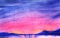 Watercolor beautiful abstract landscape. Serene sunset sky with soft pink and blue clouds, calm colorful water and blurry