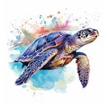 Watercolor beautiful Big sea turtle swimming in tropical ocean Royalty Free Stock Photo