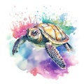 Watercolor beautiful Big sea turtle swimming in tropical ocean Royalty Free Stock Photo