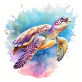 Watercolor beautiful Big sea turtle swimming in tropical ocean Royalty Free Stock Photo