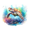 Watercolor beautiful Big sea turtle swimming in tropical ocean Royalty Free Stock Photo