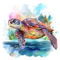 Watercolor beautiful Big sea turtle swimming in tropical ocean Royalty Free Stock Photo